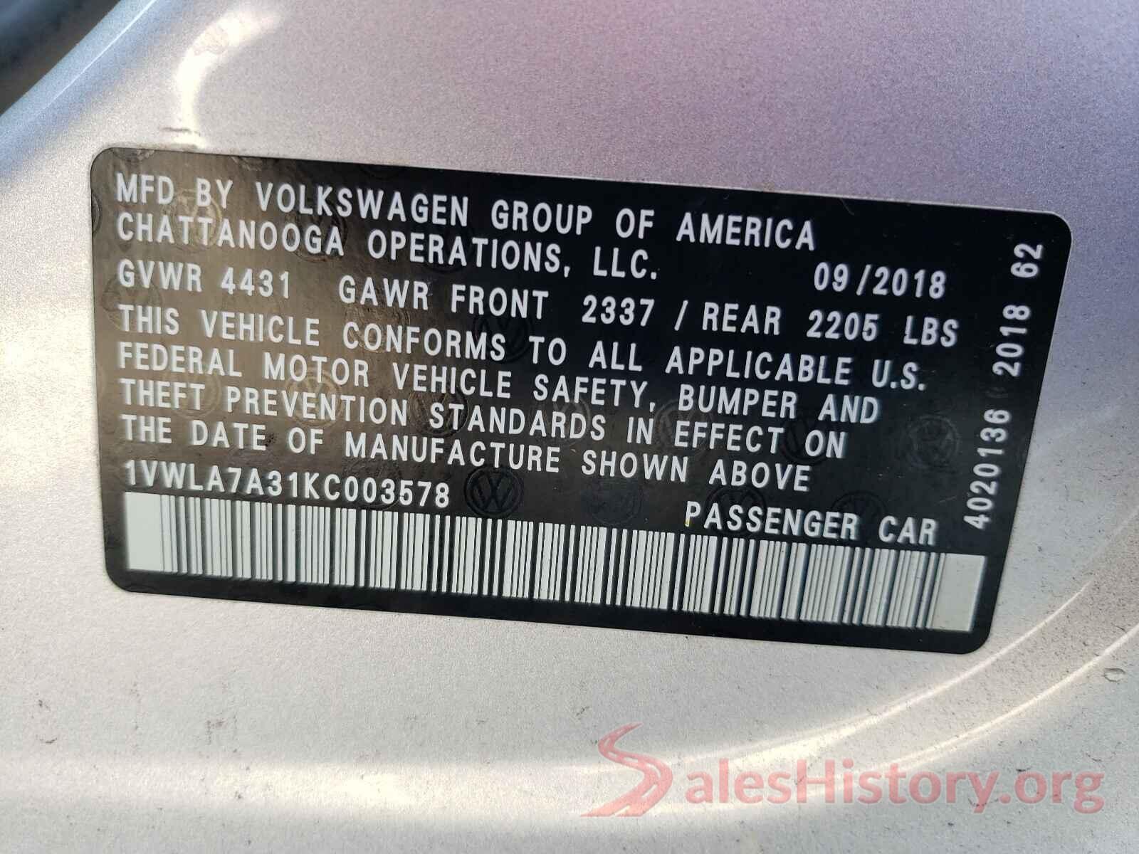 1VWLA7A31KC003578 2019 VOLKSWAGEN PASSAT