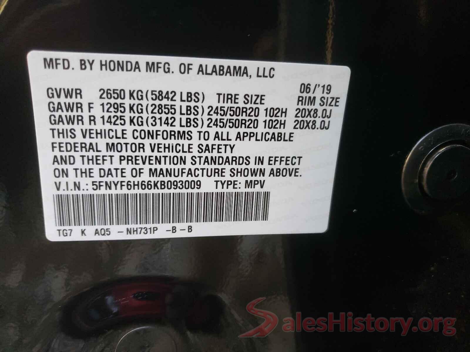 5FNYF6H66KB093009 2019 HONDA PILOT