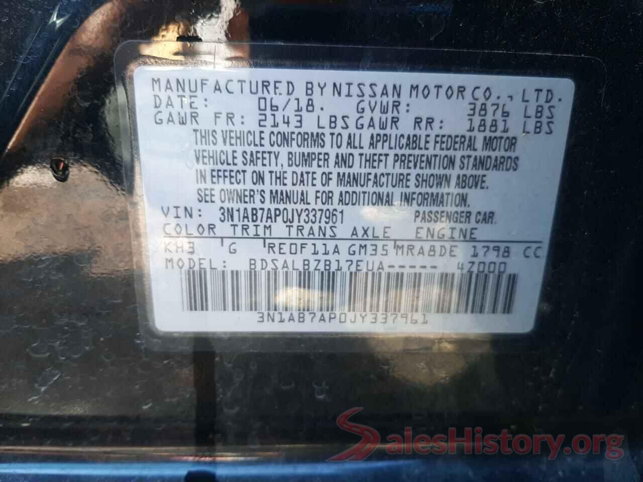 3N1AB7AP0JY337961 2018 NISSAN SENTRA