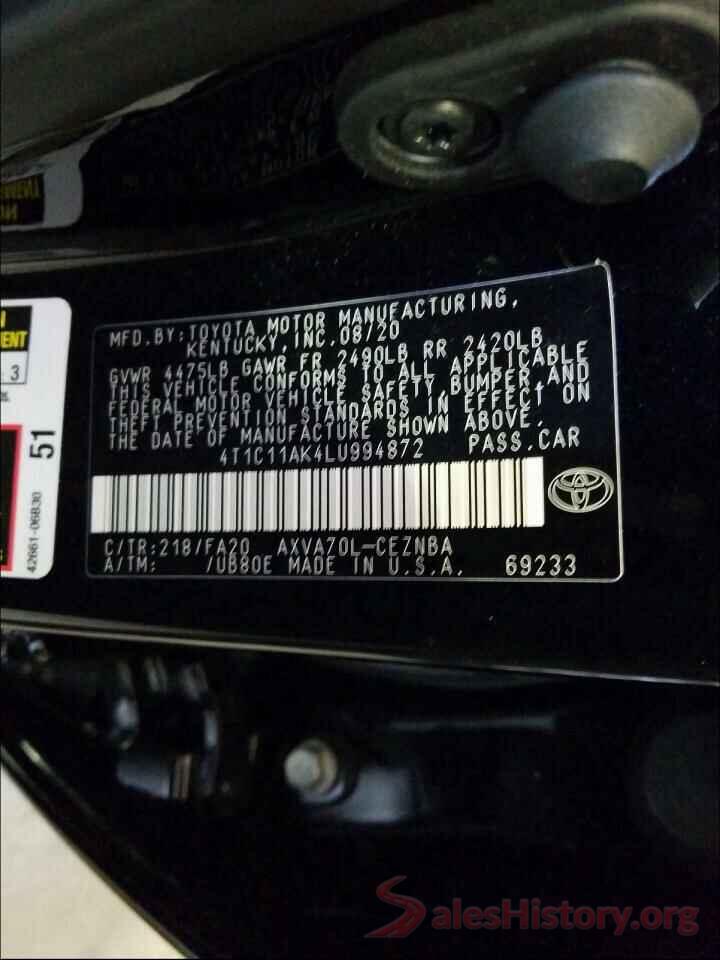 4T1C11AK4LU994872 2020 TOYOTA CAMRY