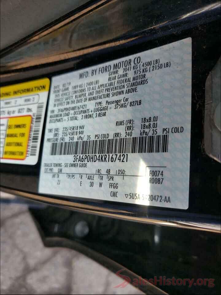 3FA6P0HD4KR167421 2019 FORD FUSION