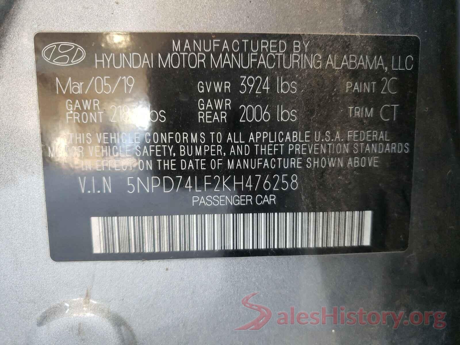 5NPD74LF2KH476258 2019 HYUNDAI ELANTRA