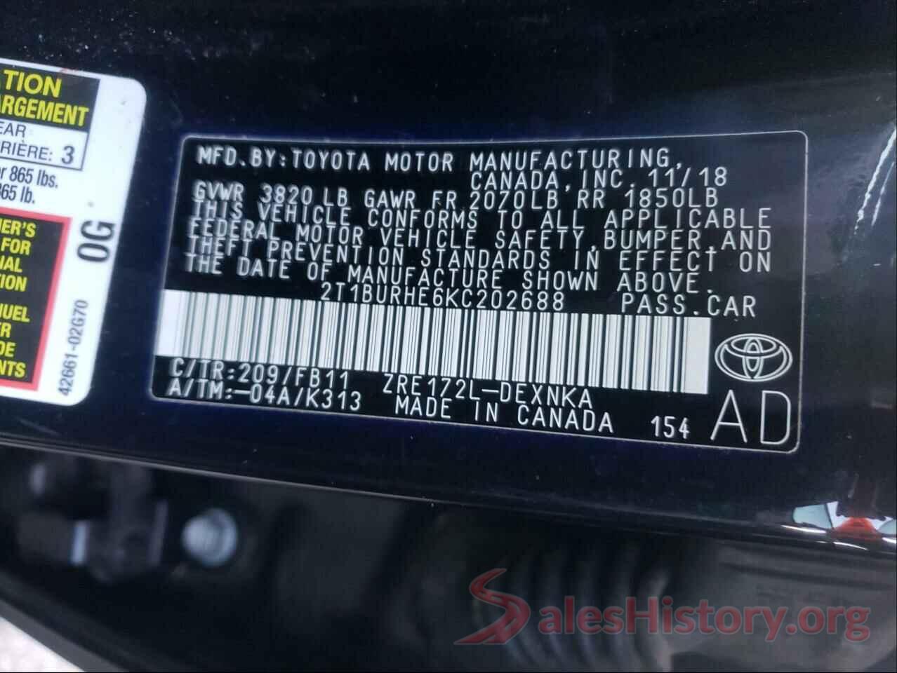 2T1BURHE6KC202688 2019 TOYOTA COROLLA