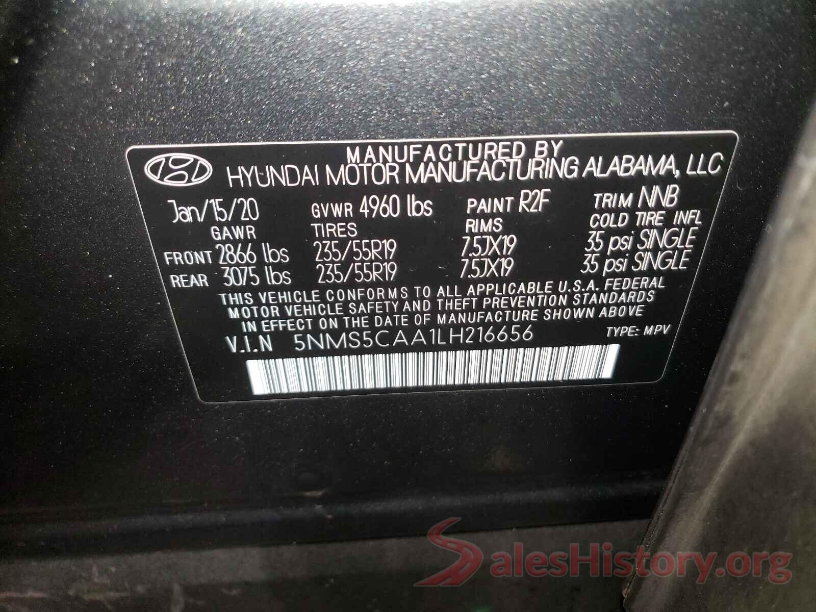 5NMS5CAA1LH216656 2020 HYUNDAI SANTA FE