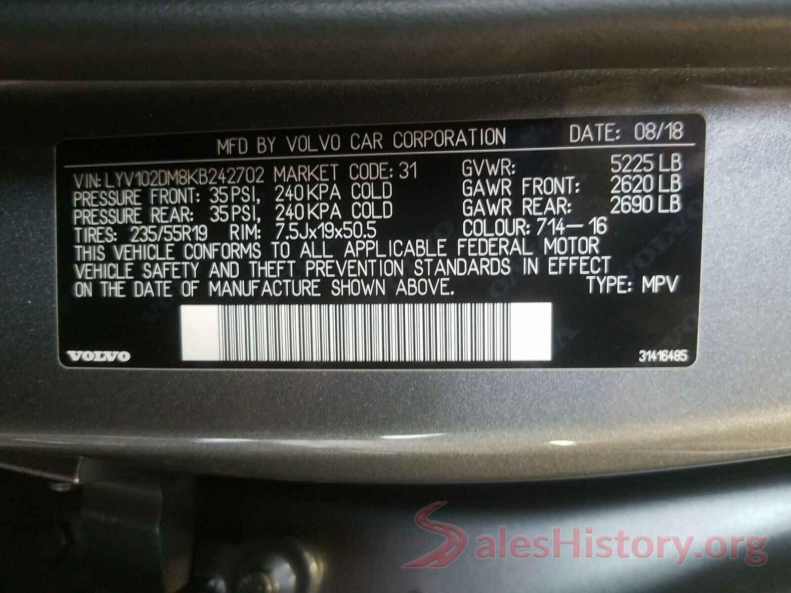 LYV102DM8KB242702 2019 VOLVO XC60