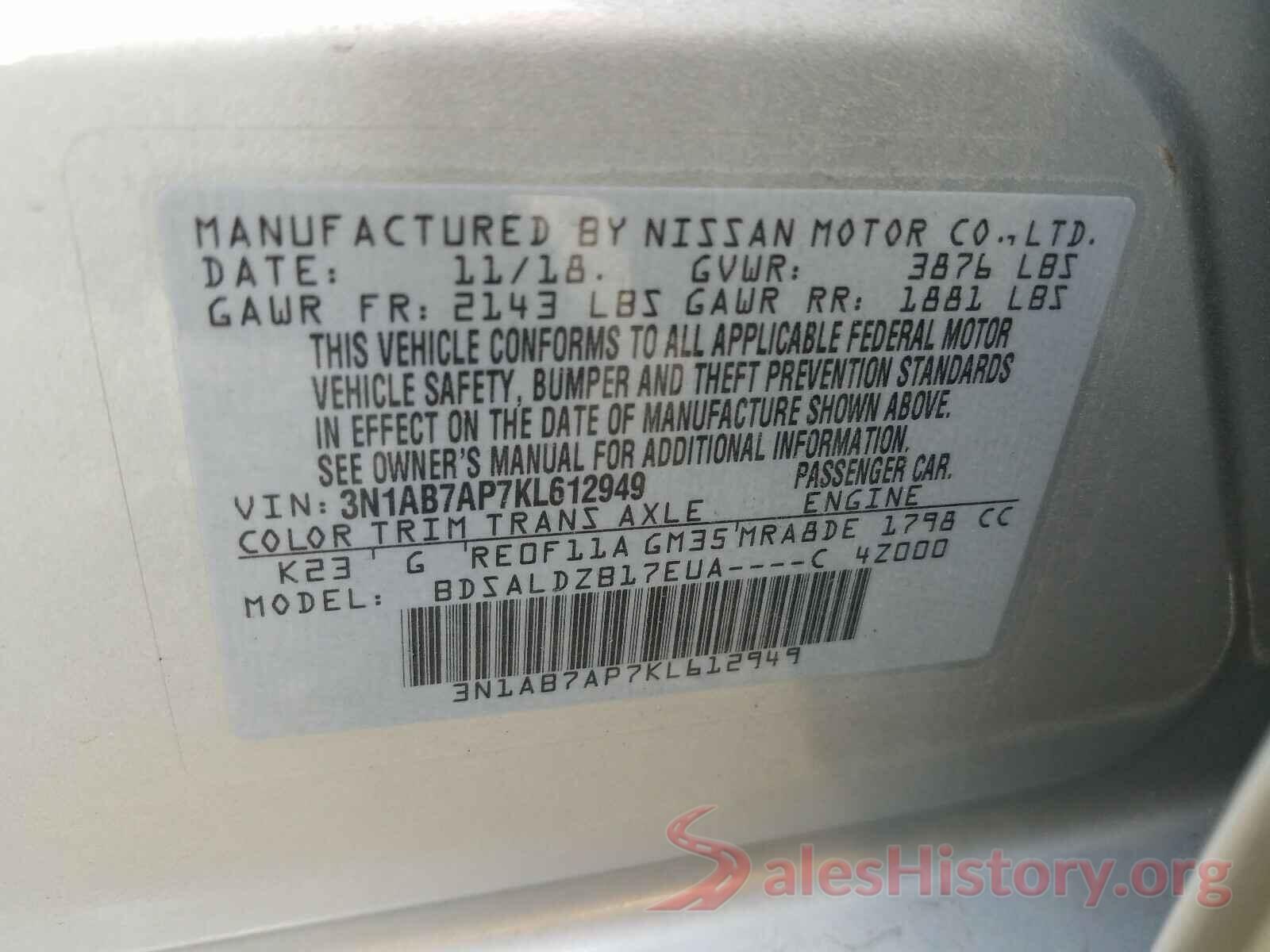 3N1AB7AP7KL612949 2019 NISSAN SENTRA