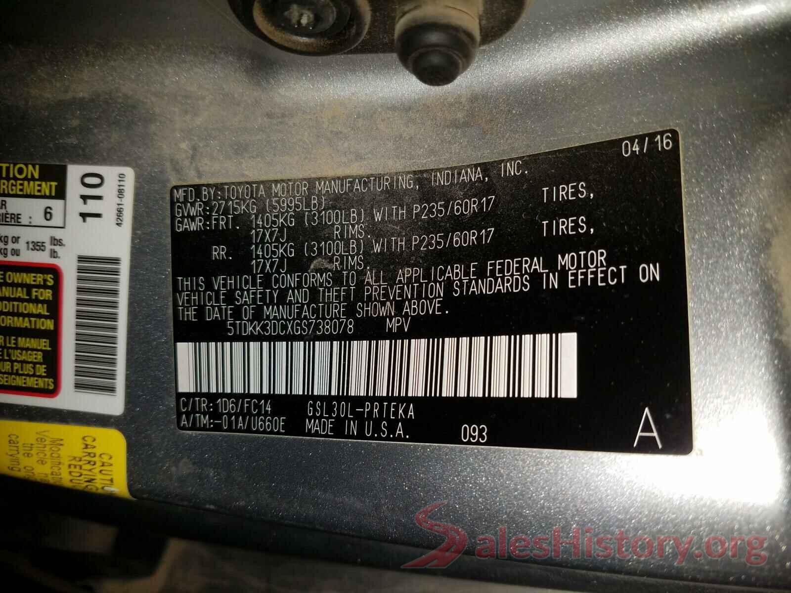 5TDKK3DCXGS738078 2016 TOYOTA SIENNA