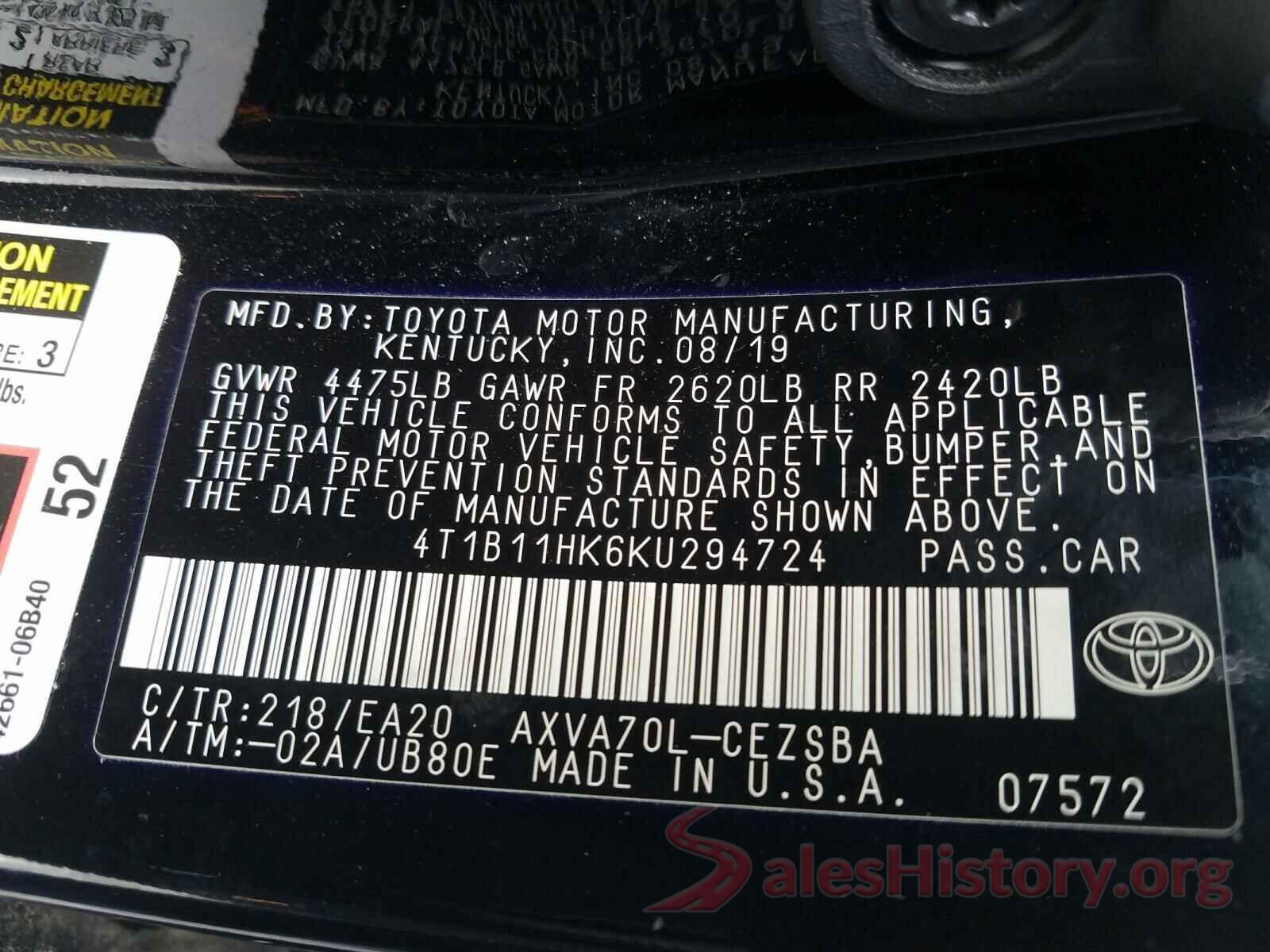 4T1B11HK6KU294724 2019 TOYOTA CAMRY