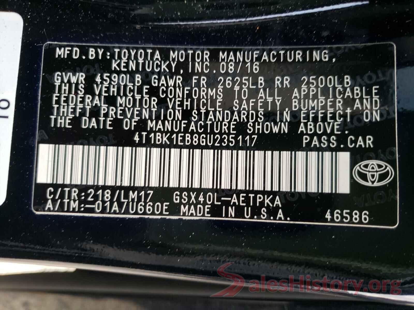 4T1BK1EB8GU235117 2016 TOYOTA AVALON