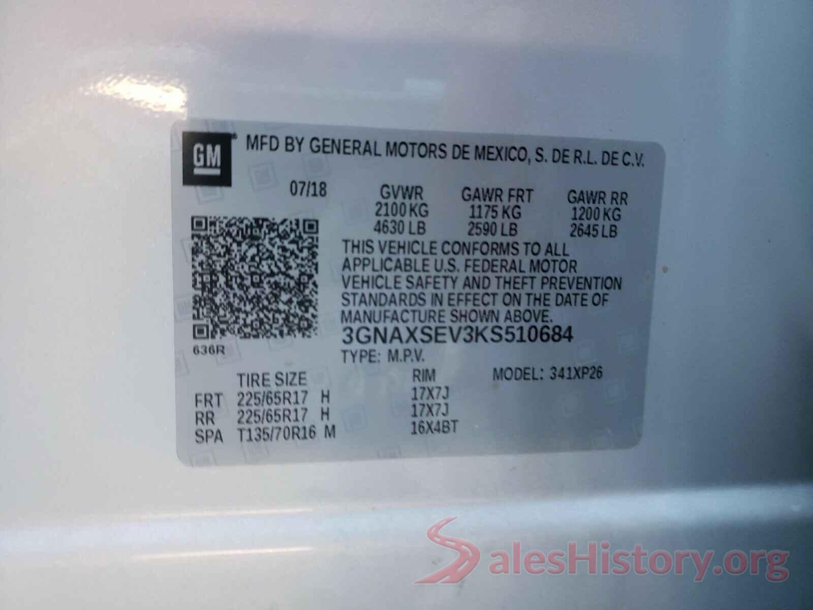 3GNAXSEV3KS510684 2019 CHEVROLET EQUINOX