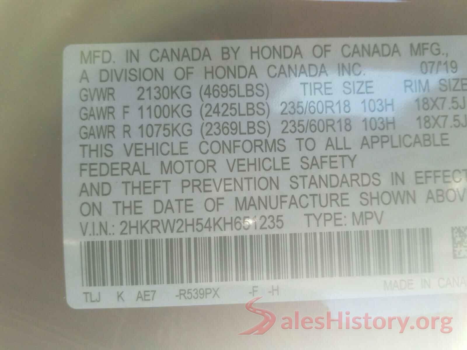 2HKRW2H54KH651235 2019 HONDA CRV