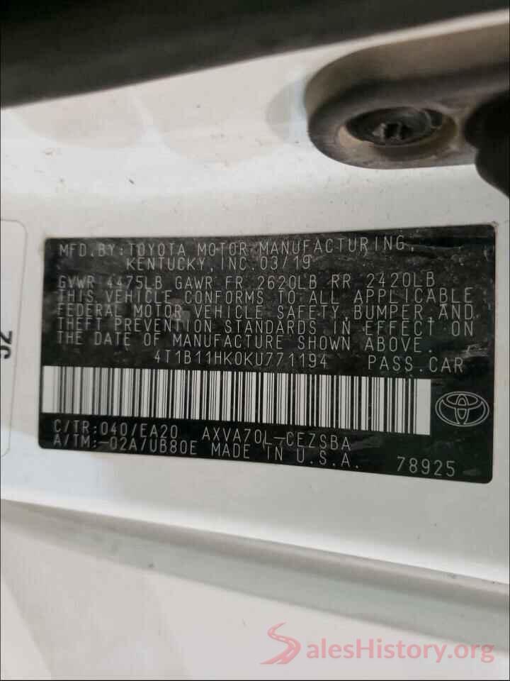 4T1B11HK0KU771194 2019 TOYOTA CAMRY