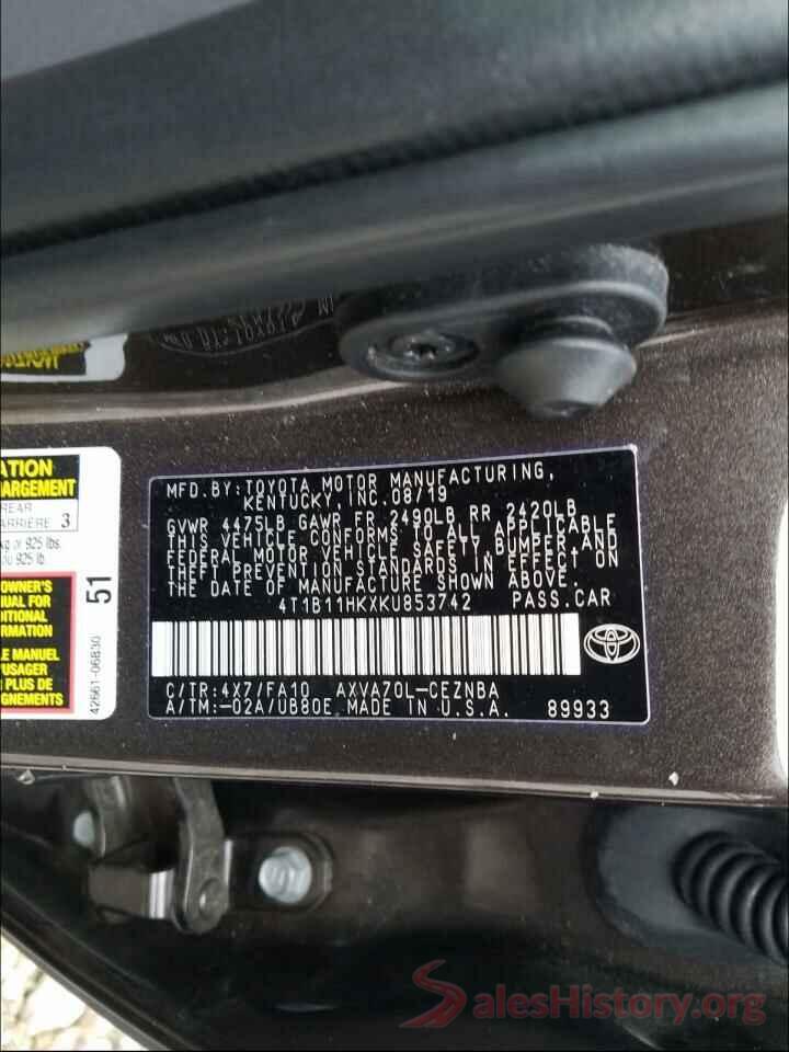 4T1B11HKXKU853742 2019 TOYOTA CAMRY