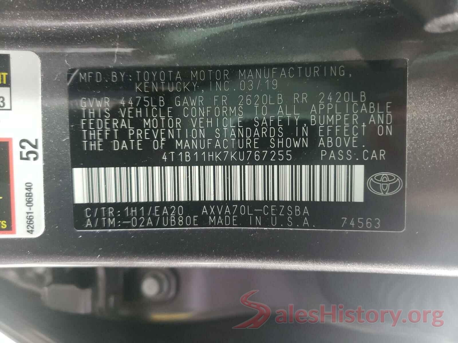 4T1B11HK7KU767255 2019 TOYOTA CAMRY