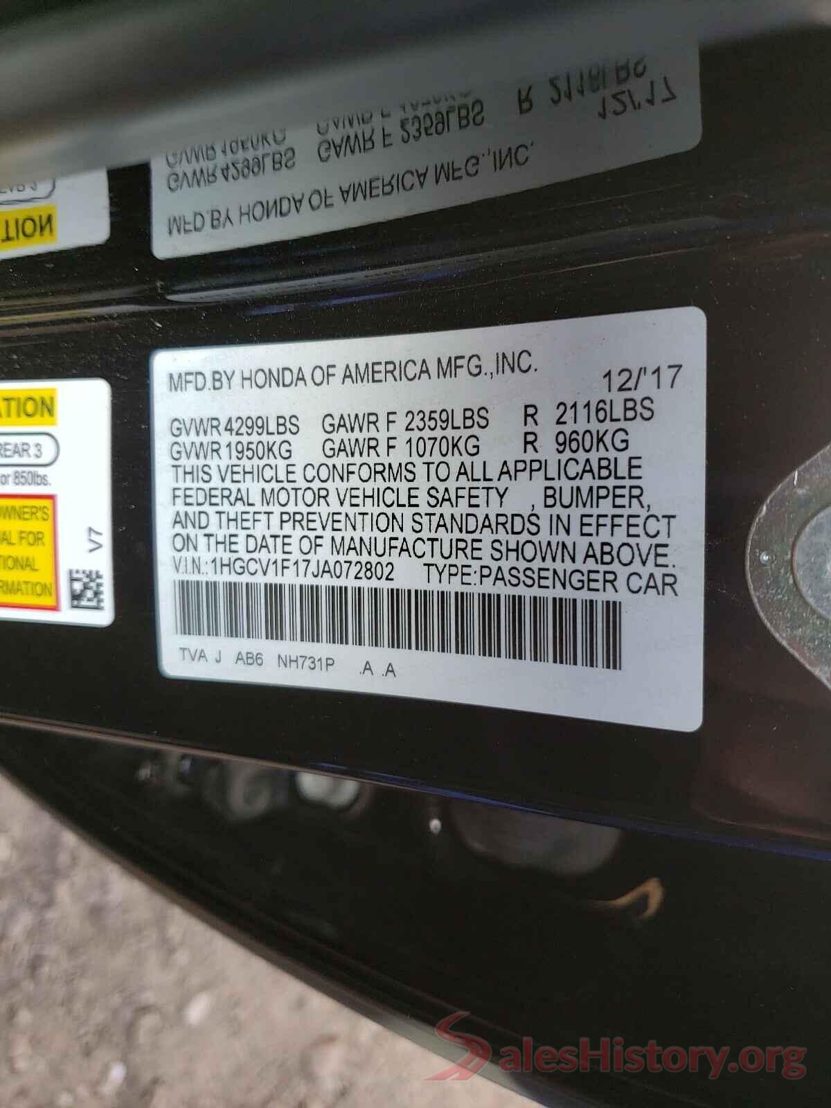 1HGCV1F17JA072802 2018 HONDA ACCORD