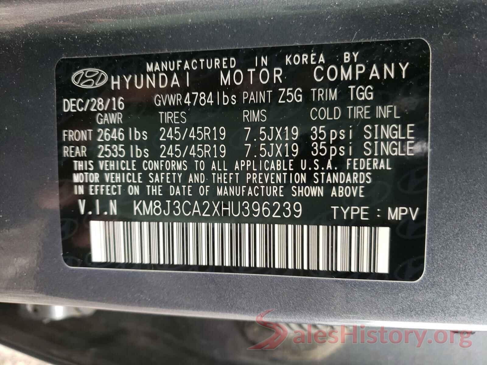 KM8J3CA2XHU396239 2017 HYUNDAI TUCSON