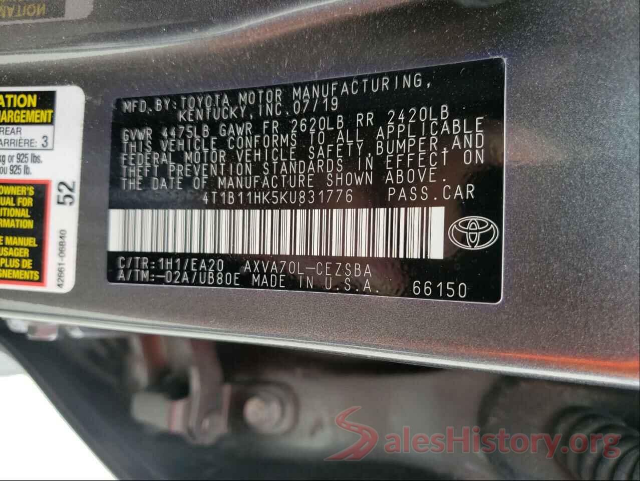 4T1B11HK5KU831776 2019 TOYOTA CAMRY