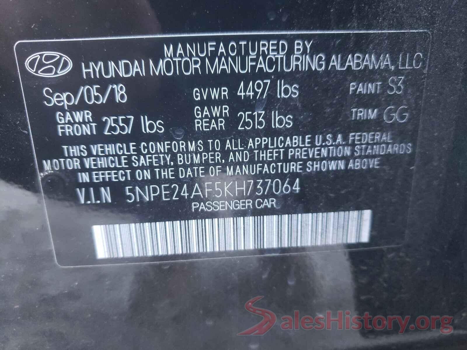 5NPE24AF5KH737064 2019 HYUNDAI SONATA