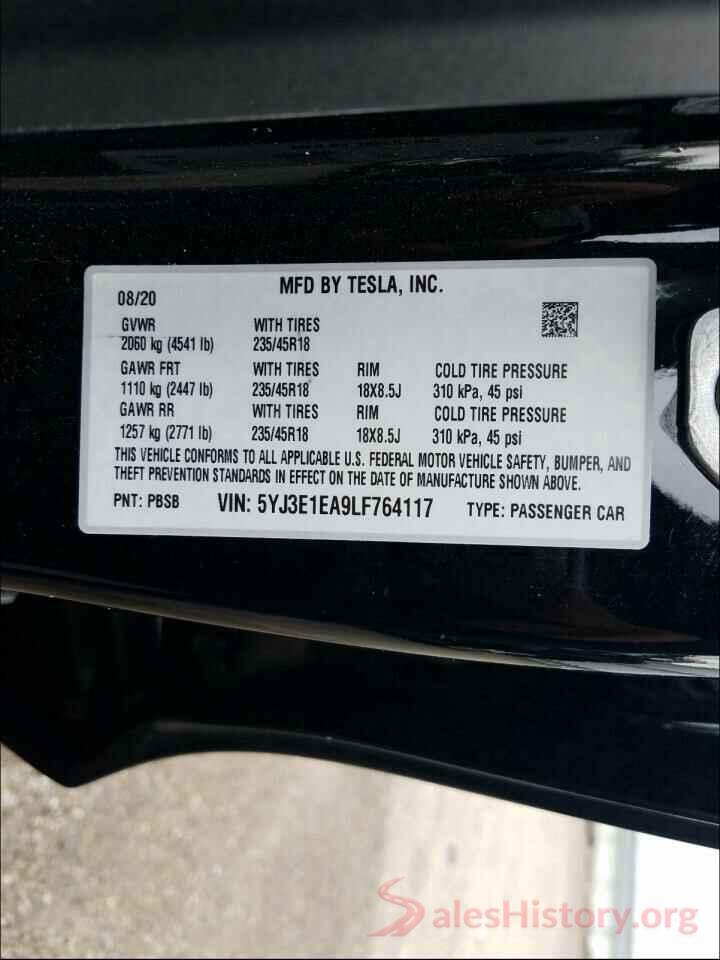 5YJ3E1EA9LF764117 2020 TESLA MODEL 3