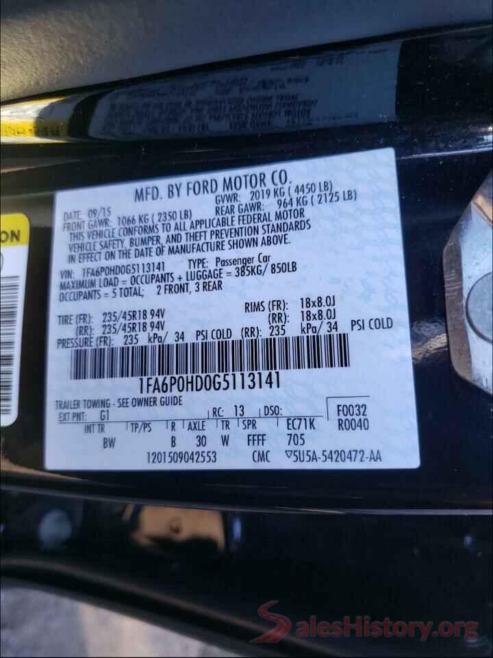 1FA6P0HD0G5113141 2016 FORD FUSION