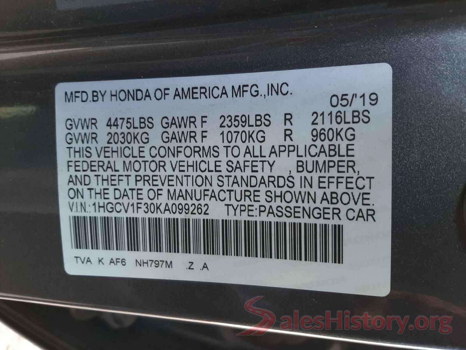 1HGCV1F30KA099262 2019 HONDA ACCORD