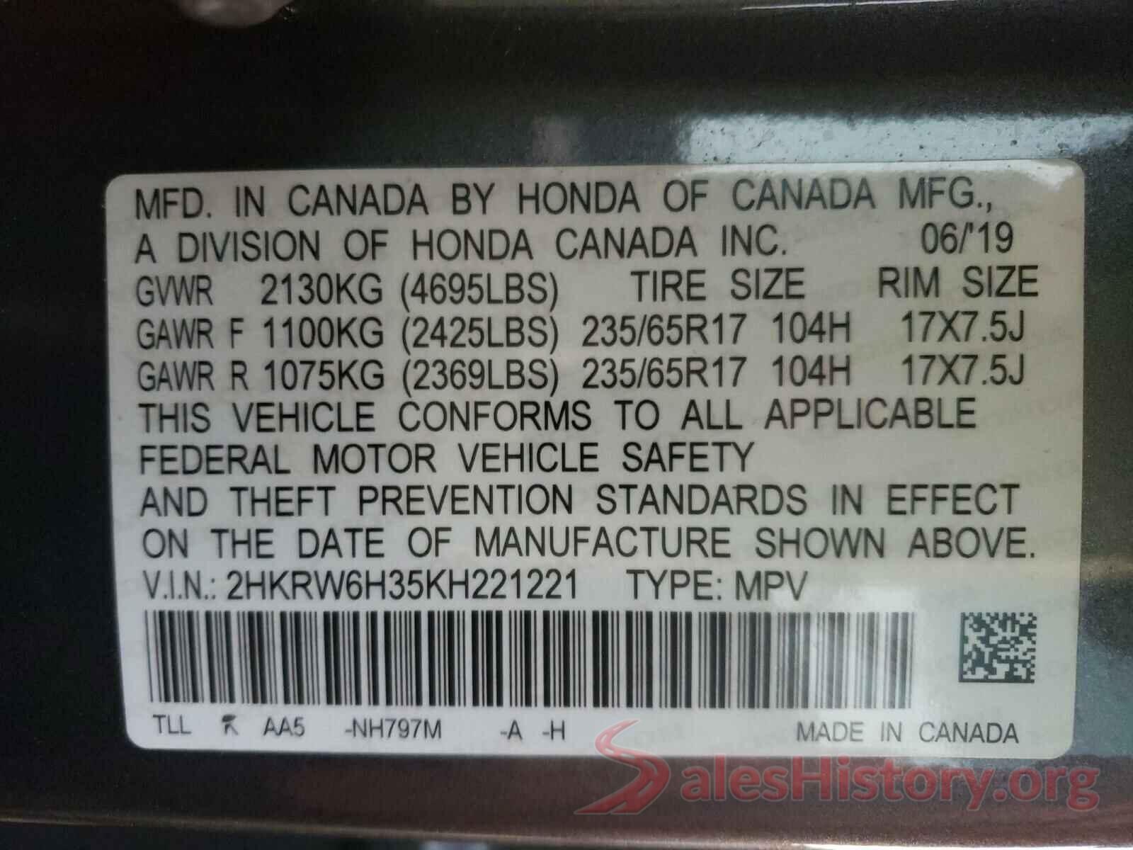 2HKRW6H35KH221221 2019 HONDA CRV