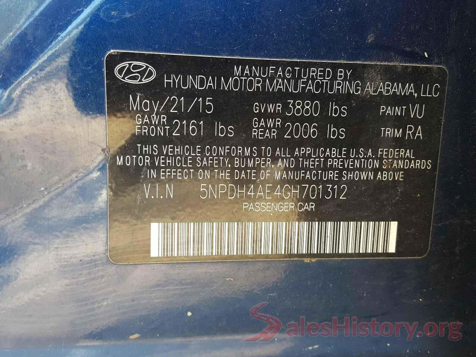 5NPDH4AE4GH701312 2016 HYUNDAI ELANTRA