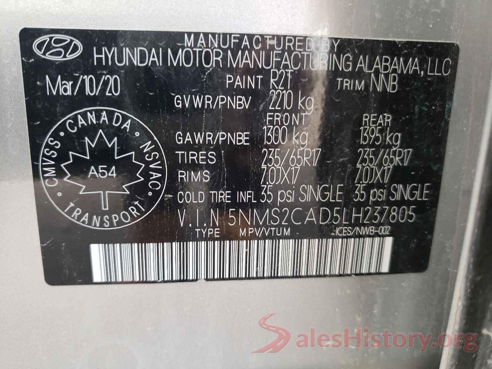 5NMS2CAD5LH237805 2020 HYUNDAI SANTA FE