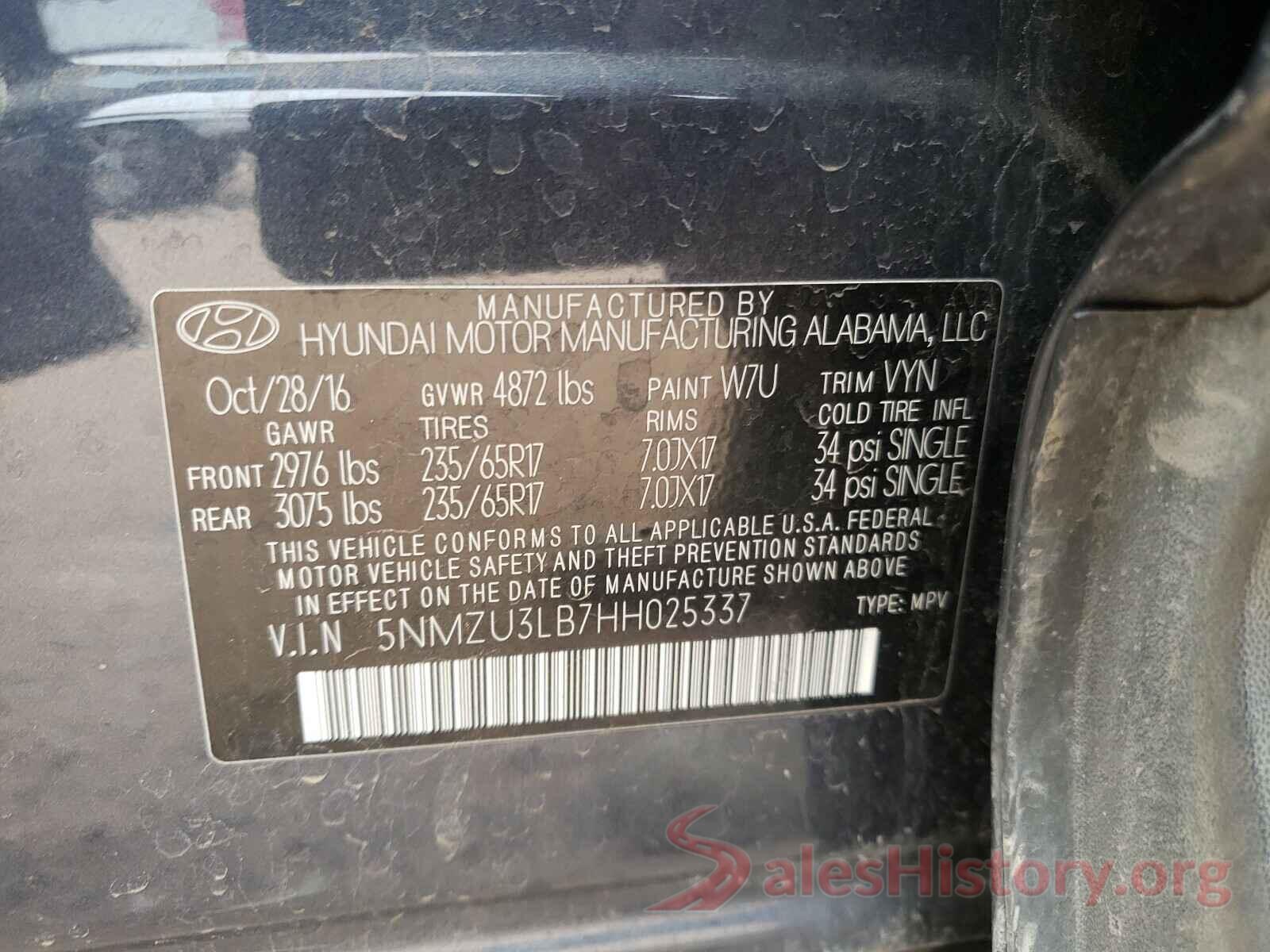 5NMZU3LB7HH025337 2017 HYUNDAI SANTA FE