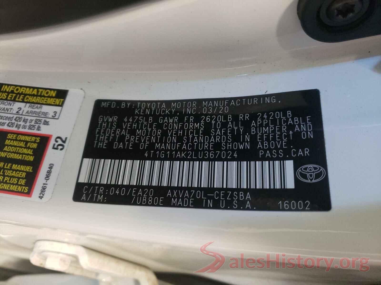 4T1G11AK2LU367024 2020 TOYOTA CAMRY