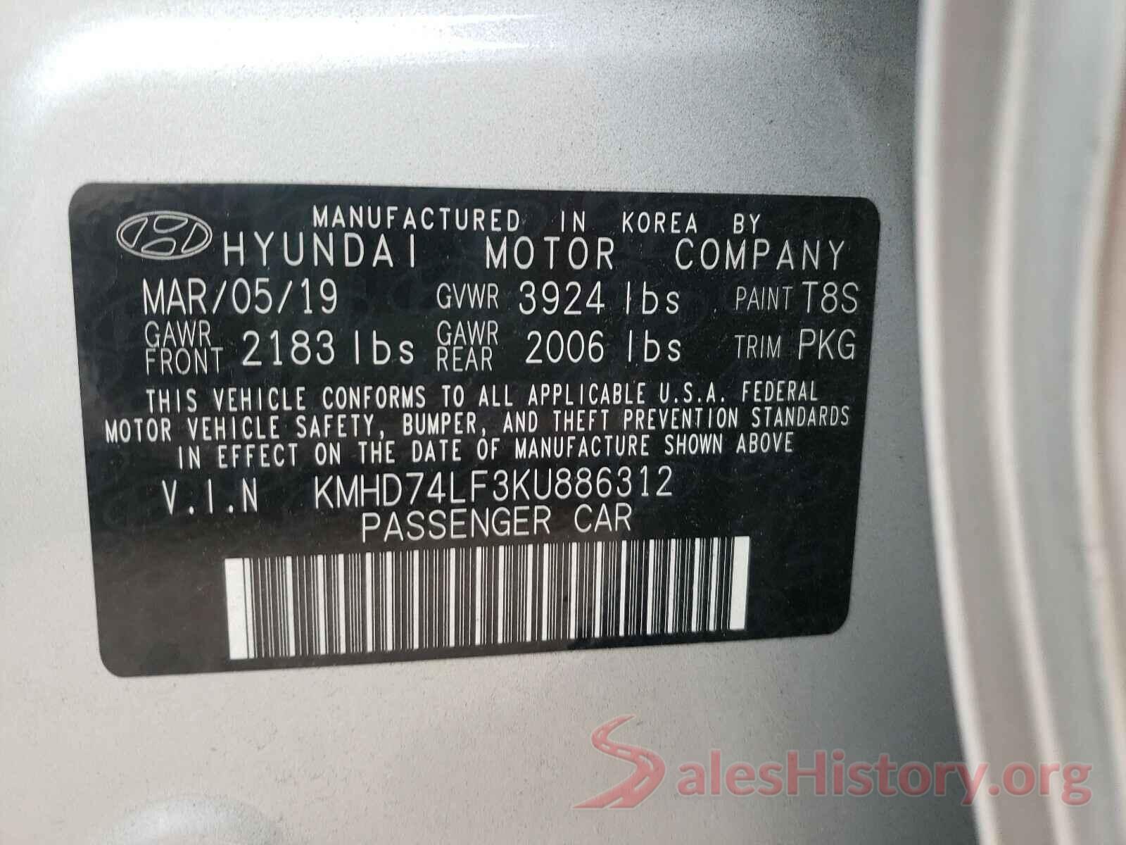 KMHD74LF3KU886312 2019 HYUNDAI ELANTRA