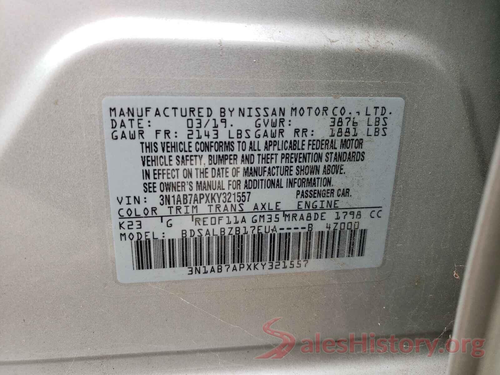 3N1AB7APXKY321557 2019 NISSAN SENTRA