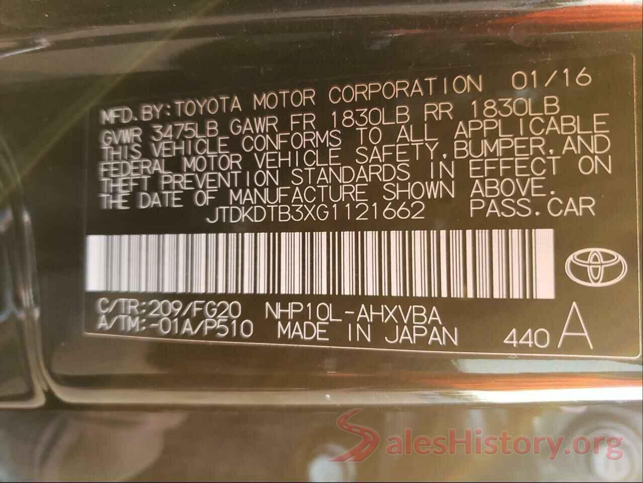 JTDKDTB3XG1121662 2016 TOYOTA PRIUS