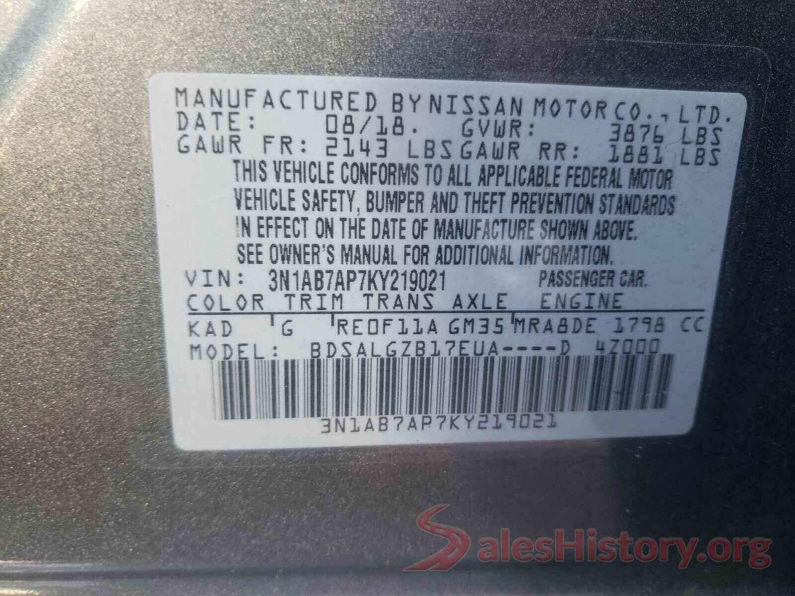 3N1AB7AP7KY219021 2019 NISSAN SENTRA