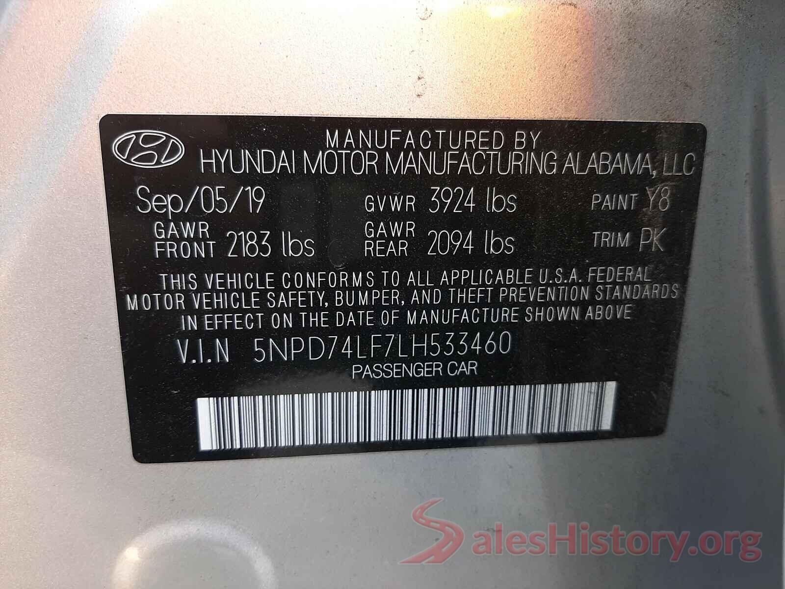 5NPD74LF7LH533460 2020 HYUNDAI ELANTRA