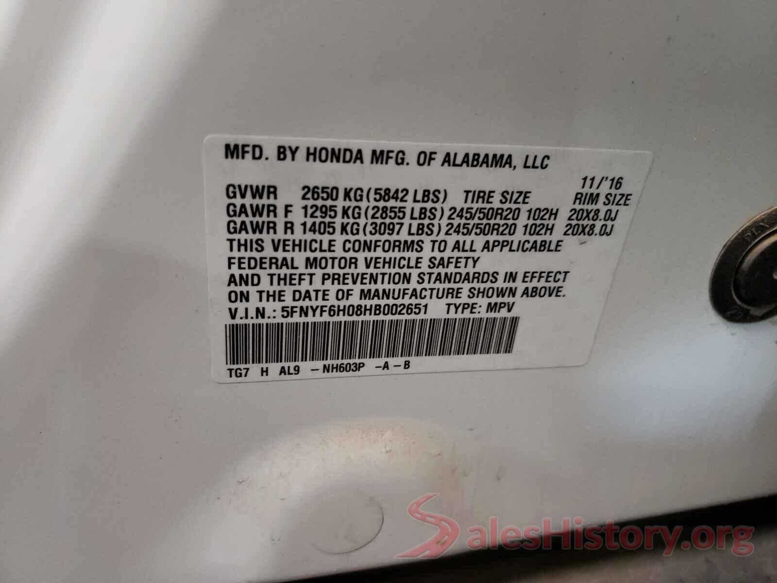 5FNYF6H08HB002651 2017 HONDA PILOT