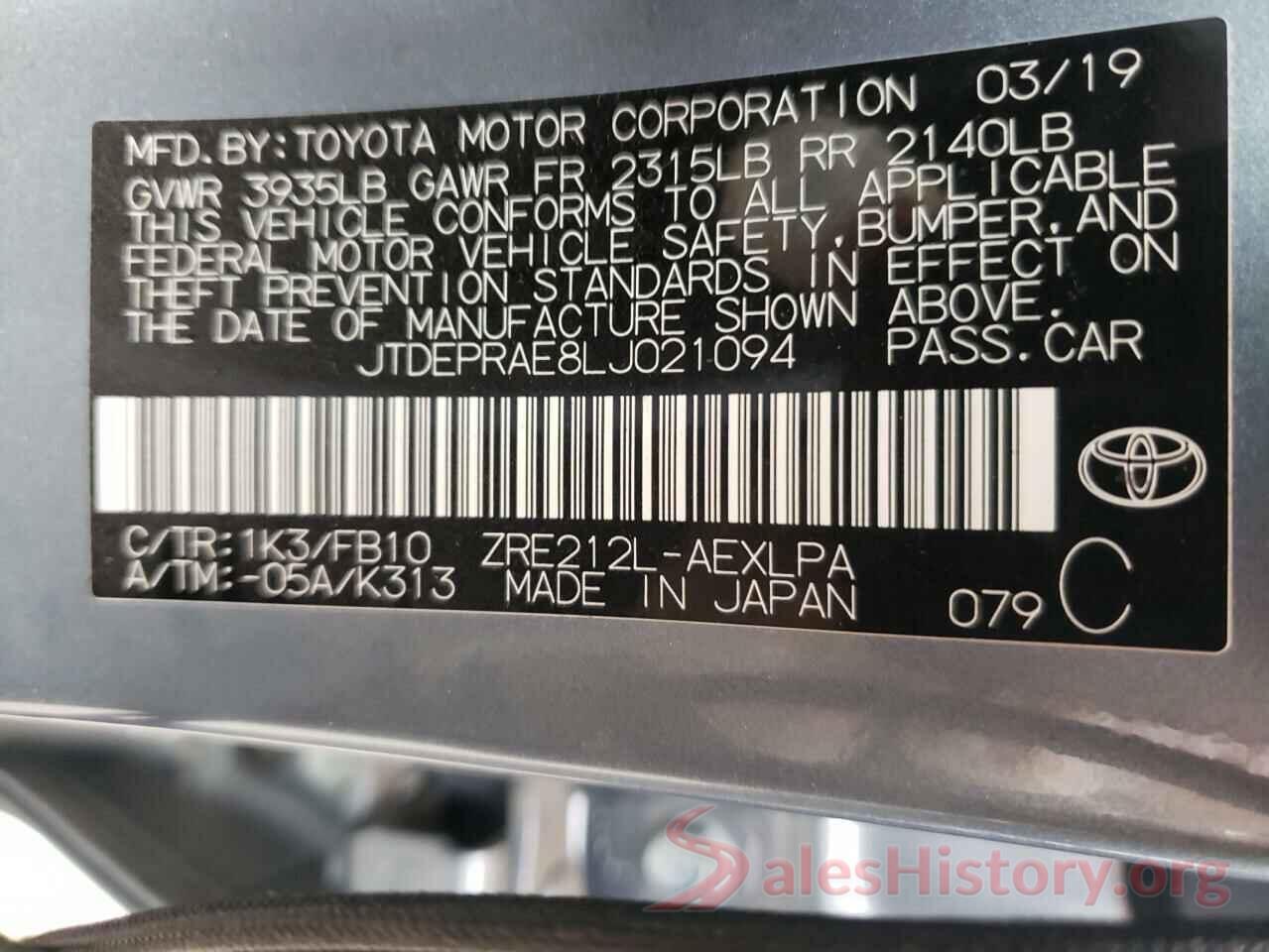 JTDEPRAE8LJ021094 2020 TOYOTA COROLLA