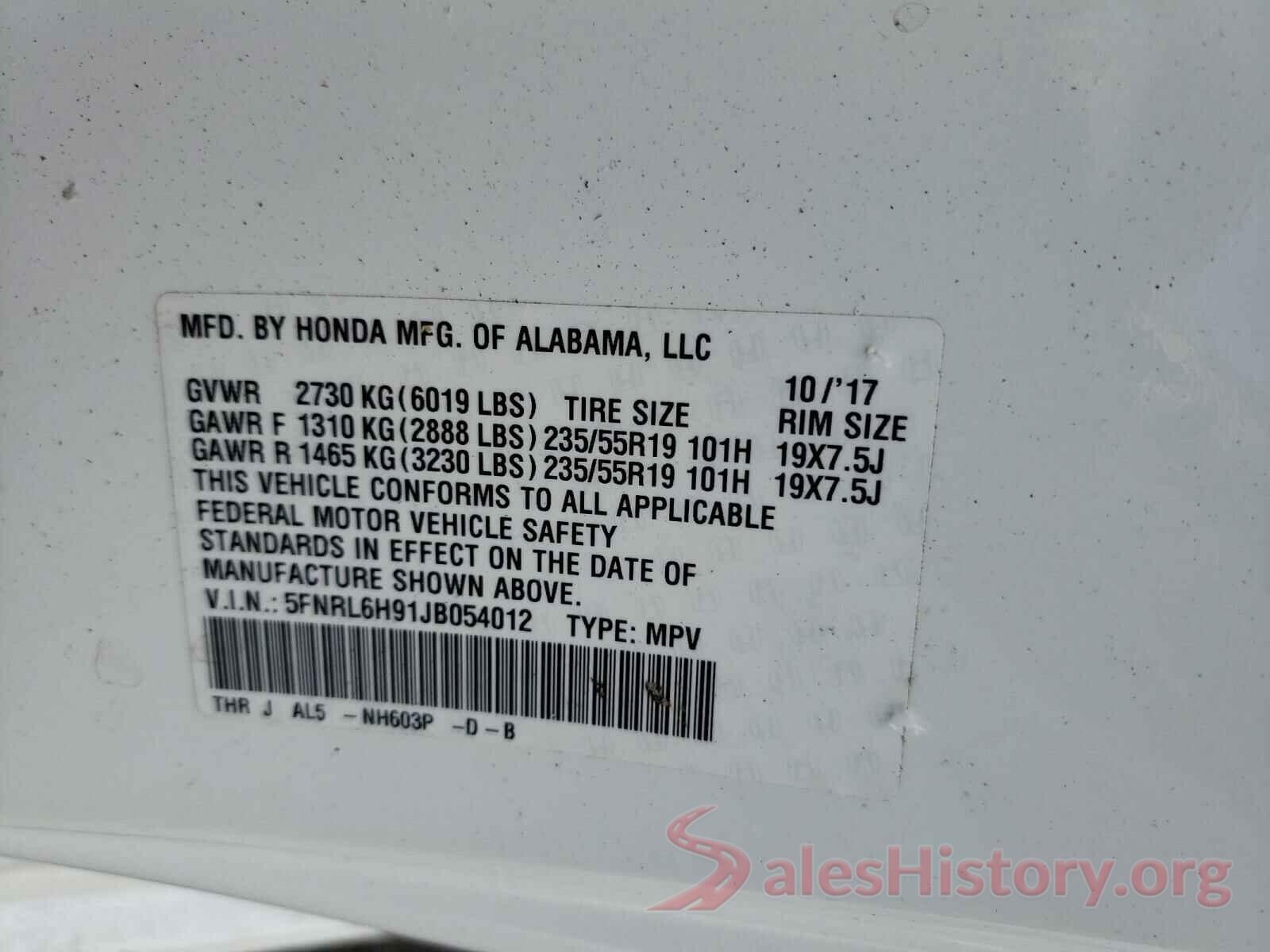 5FNRL6H91JB054012 2018 HONDA ODYSSEY