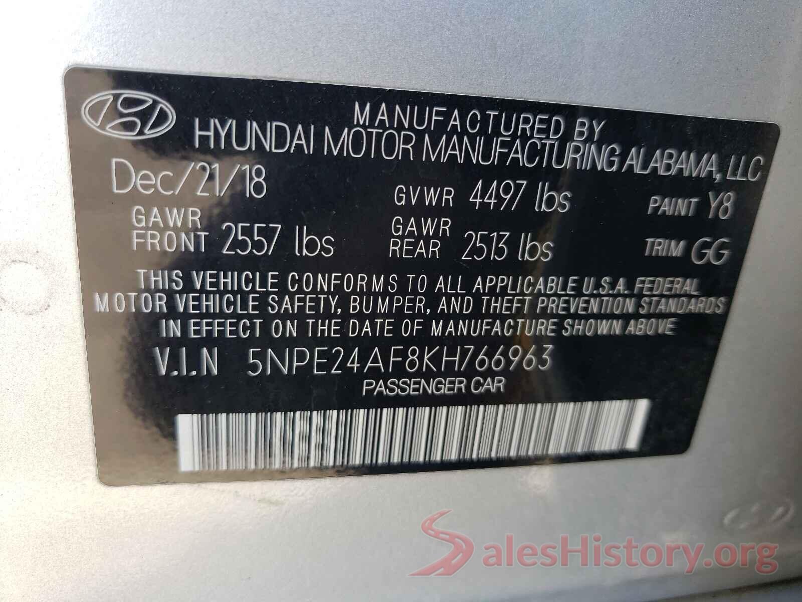 5NPE24AF8KH766963 2019 HYUNDAI SONATA