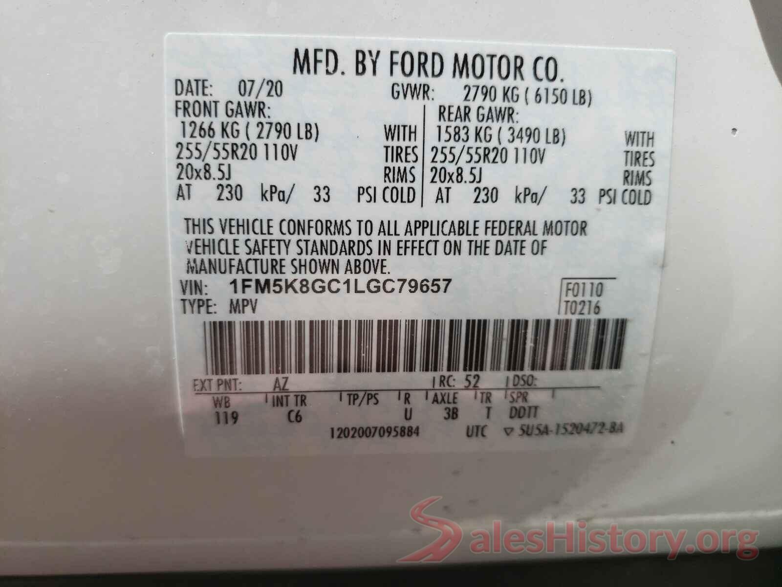 1FM5K8GC1LGC79657 2020 FORD EXPLORER