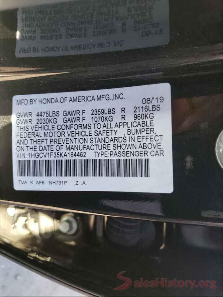 1HGCV1F35KA164462 2019 HONDA ACCORD