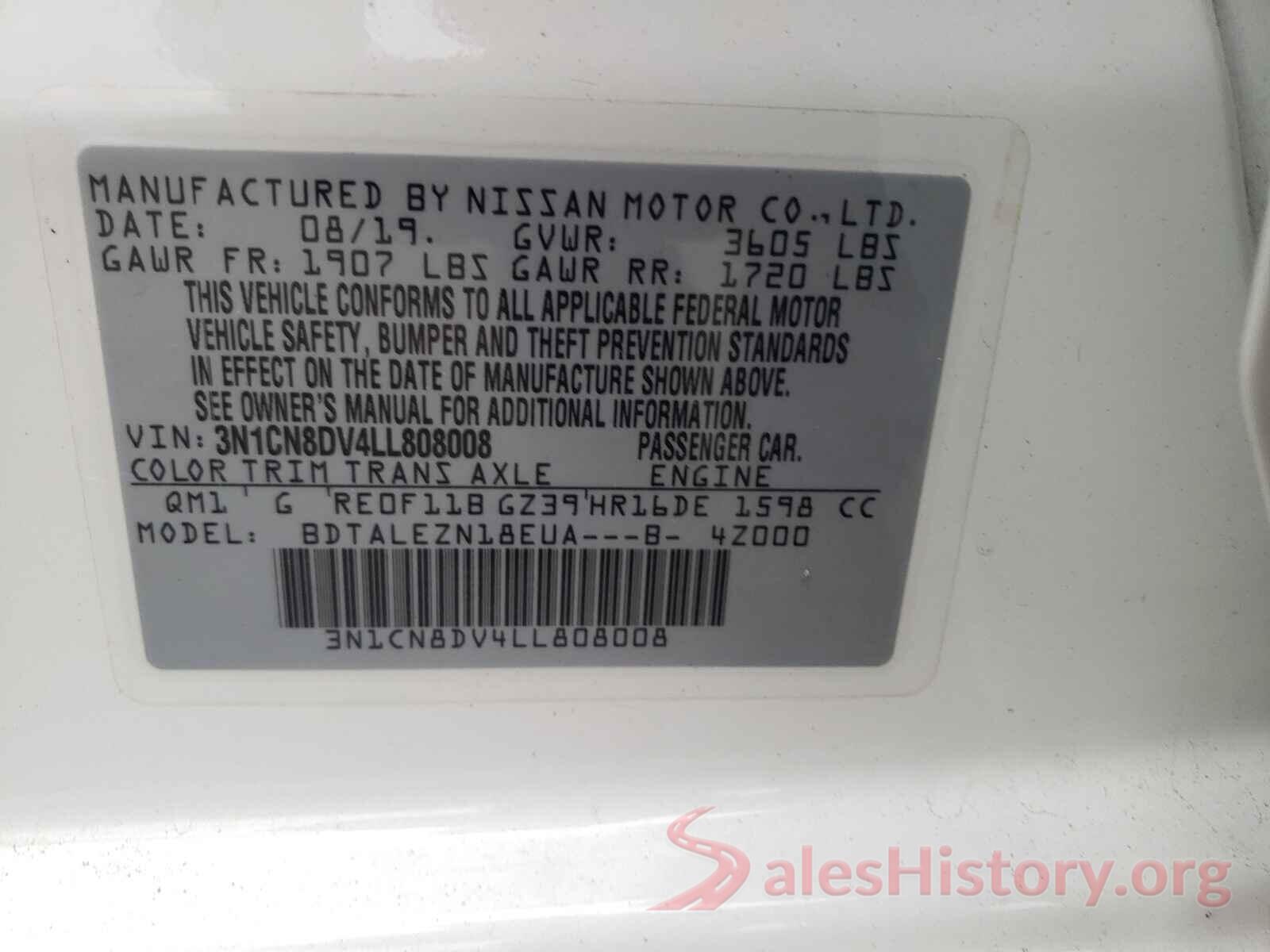 3N1CN8DV4LL808008 2020 NISSAN VERSA