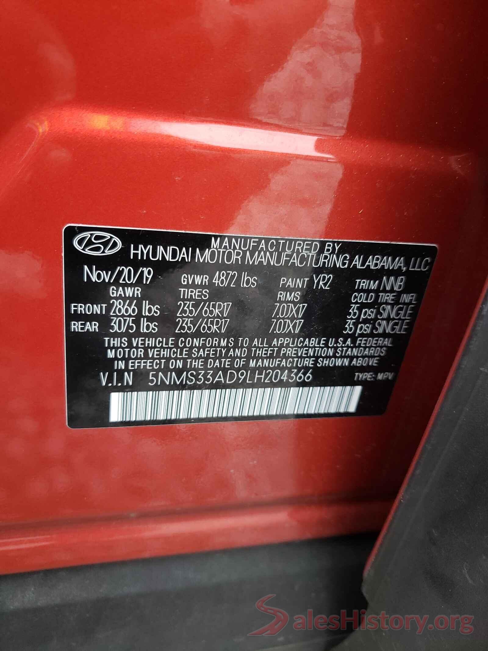 5NMS33AD9LH204366 2020 HYUNDAI SANTA FE