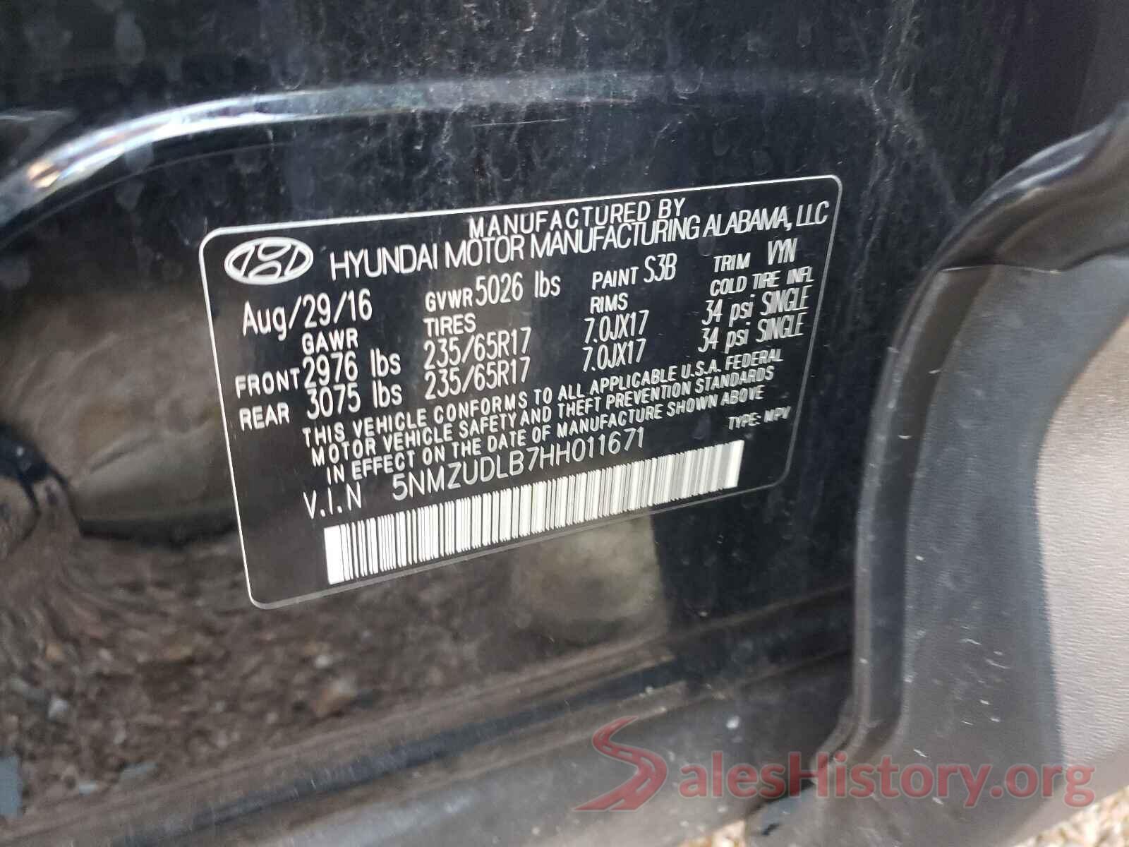 5NMZUDLB7HH011671 2017 HYUNDAI SANTA FE