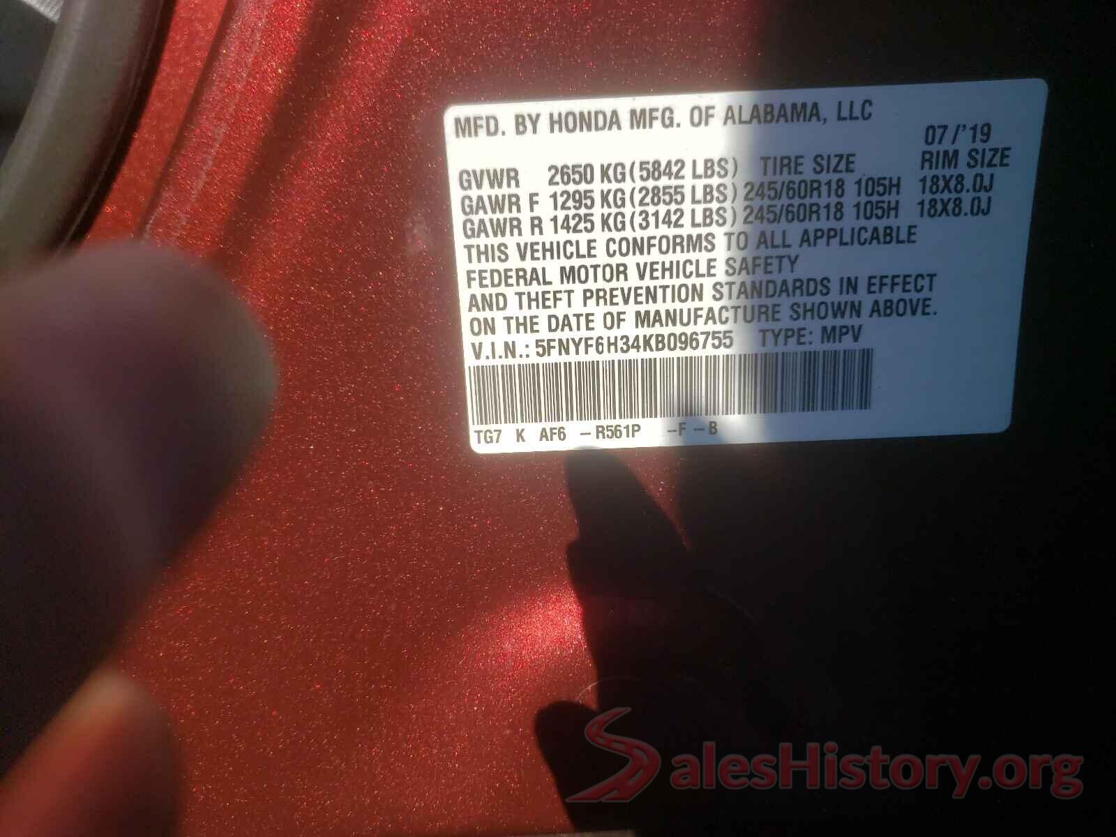 5FNYF6H34KB096755 2019 HONDA PILOT