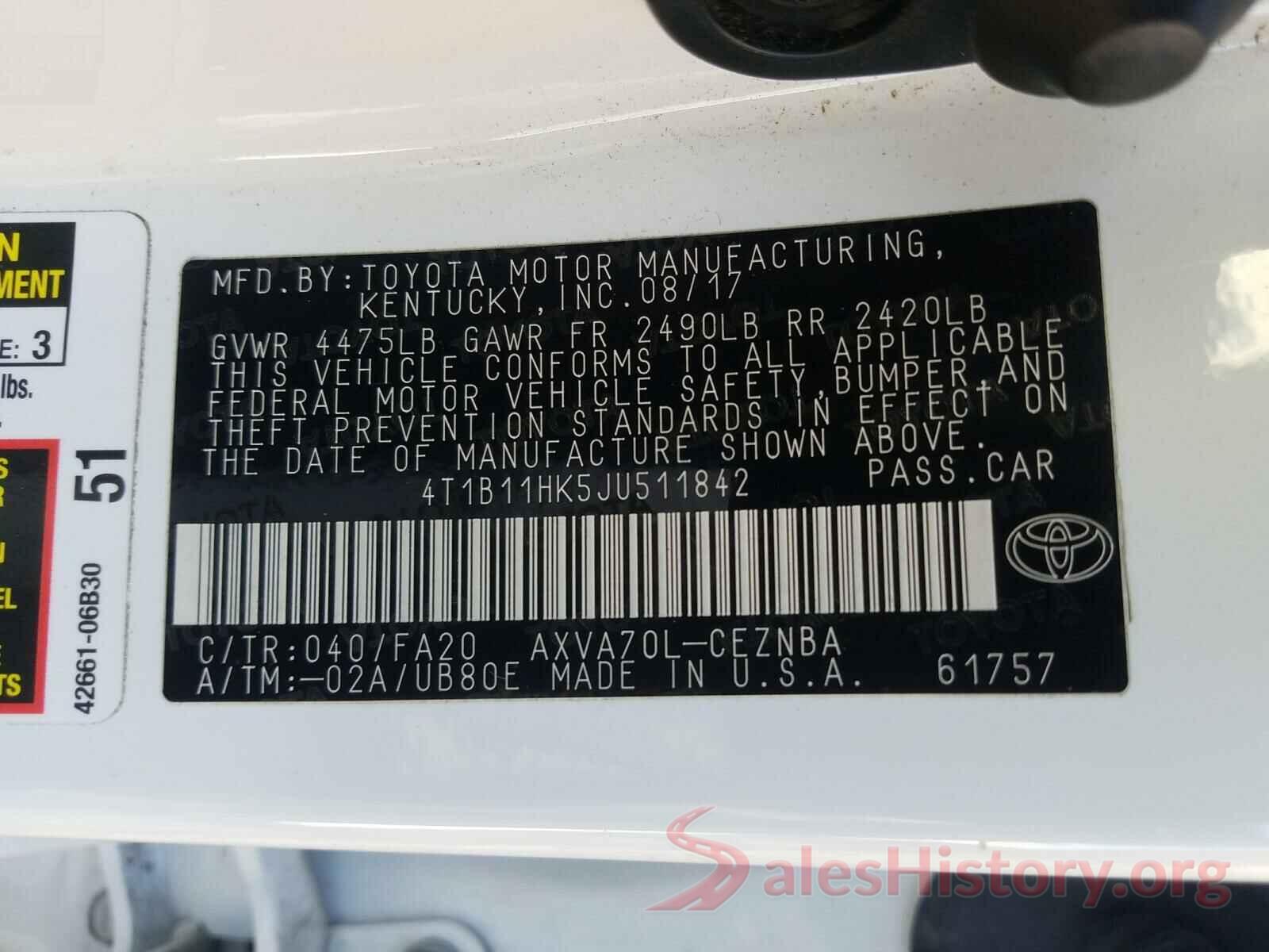 4T1B11HK5JU511842 2018 TOYOTA CAMRY