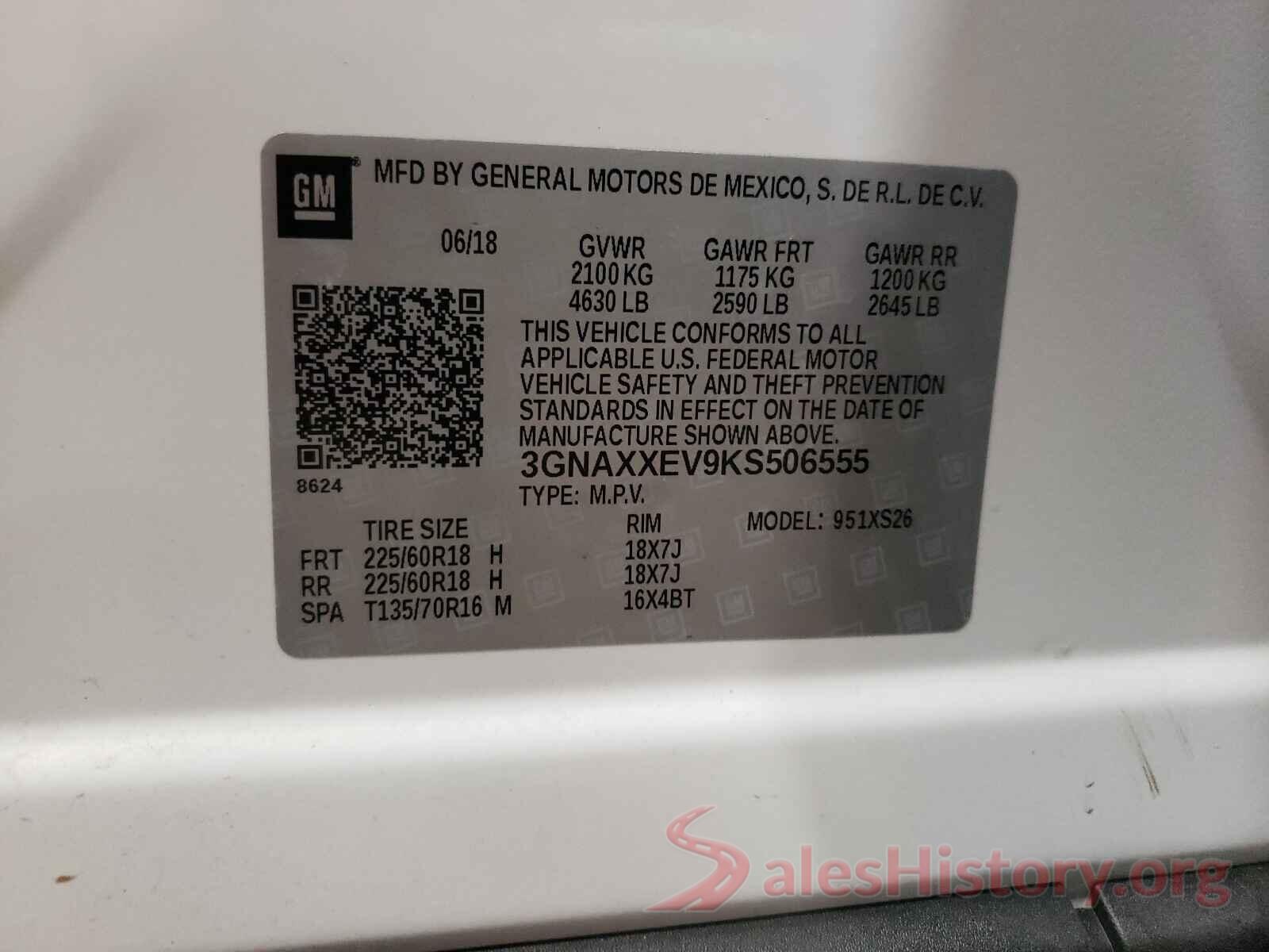 3GNAXXEV9KS506555 2019 CHEVROLET EQUINOX