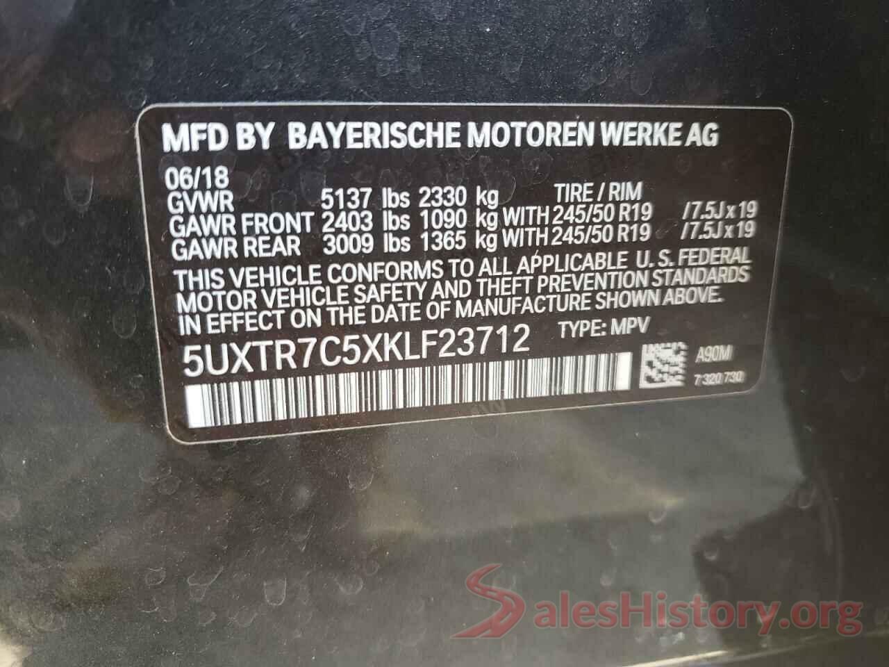 5UXTR7C5XKLF23712 2019 BMW X3