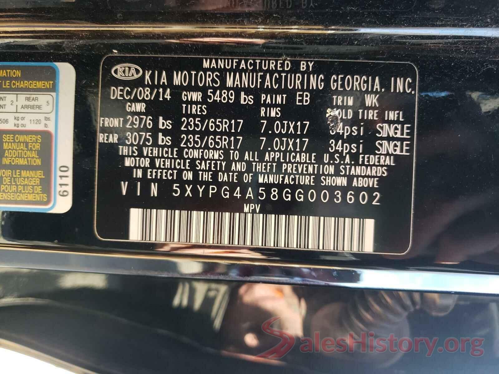 5XYPG4A58GG003602 2016 KIA SORENTO