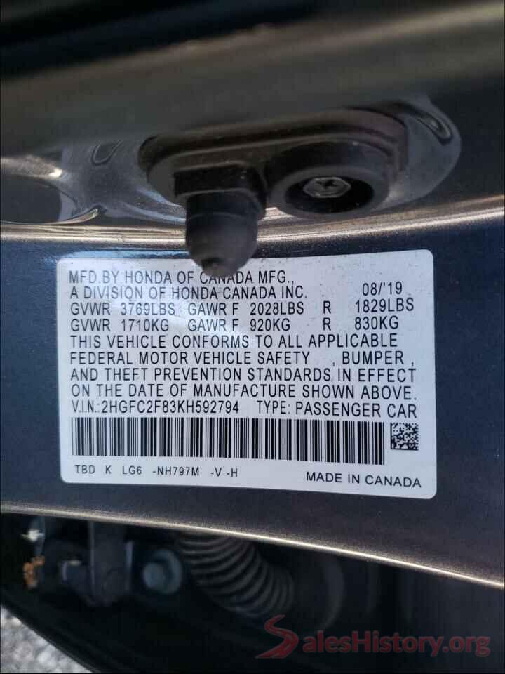 2HGFC2F83KH592794 2019 HONDA CIVIC